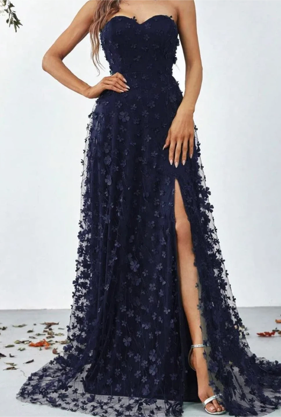 Navy Blue Strapless Gown with Floral Appliqués - photo 3