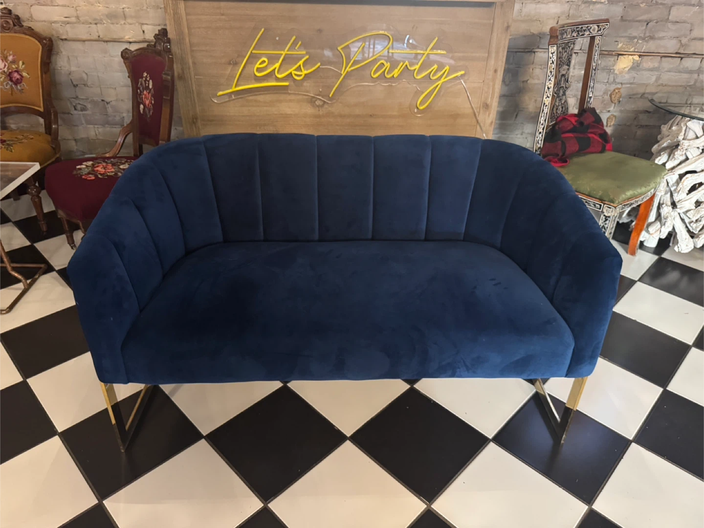 Navy Blue Velvet Sofa with Gold Accents