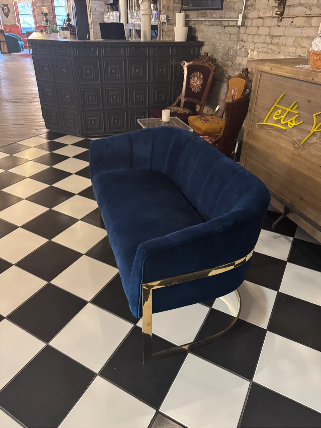 Navy Blue Velvet Sofa with Gold Accents - photo 2