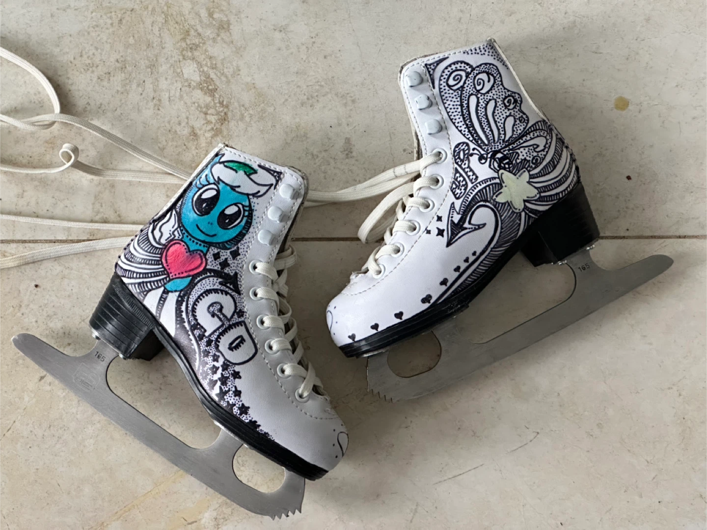 Girls White Figure Skates with Custom Drawings