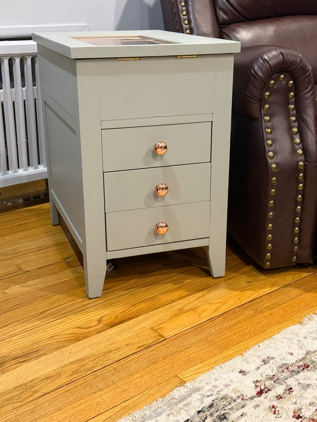 Grey Nightstand with Copper Inlay and Built-in Outlets