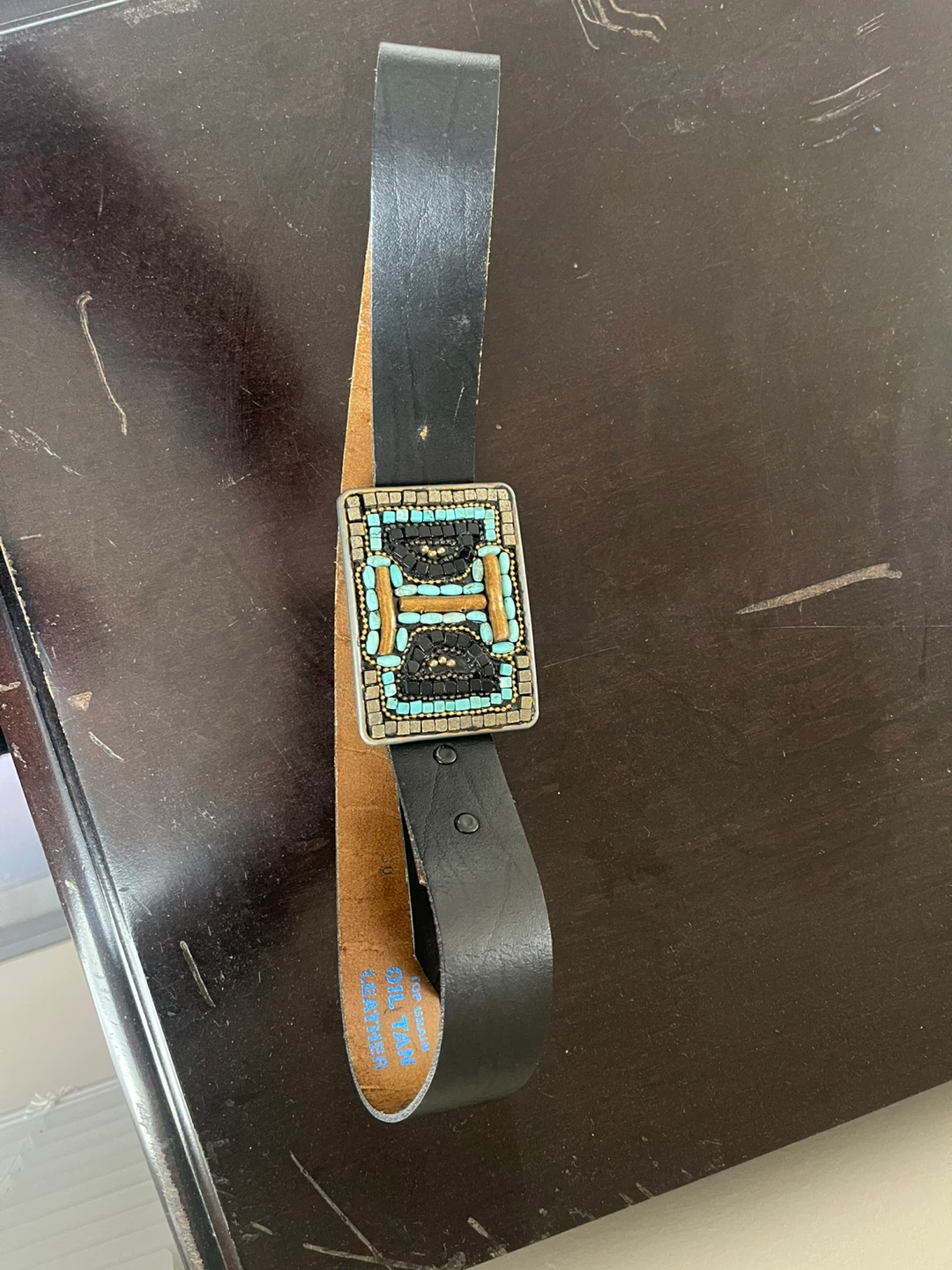 Oil Tan Leather Belt with Mosaic Buckle - photo 2