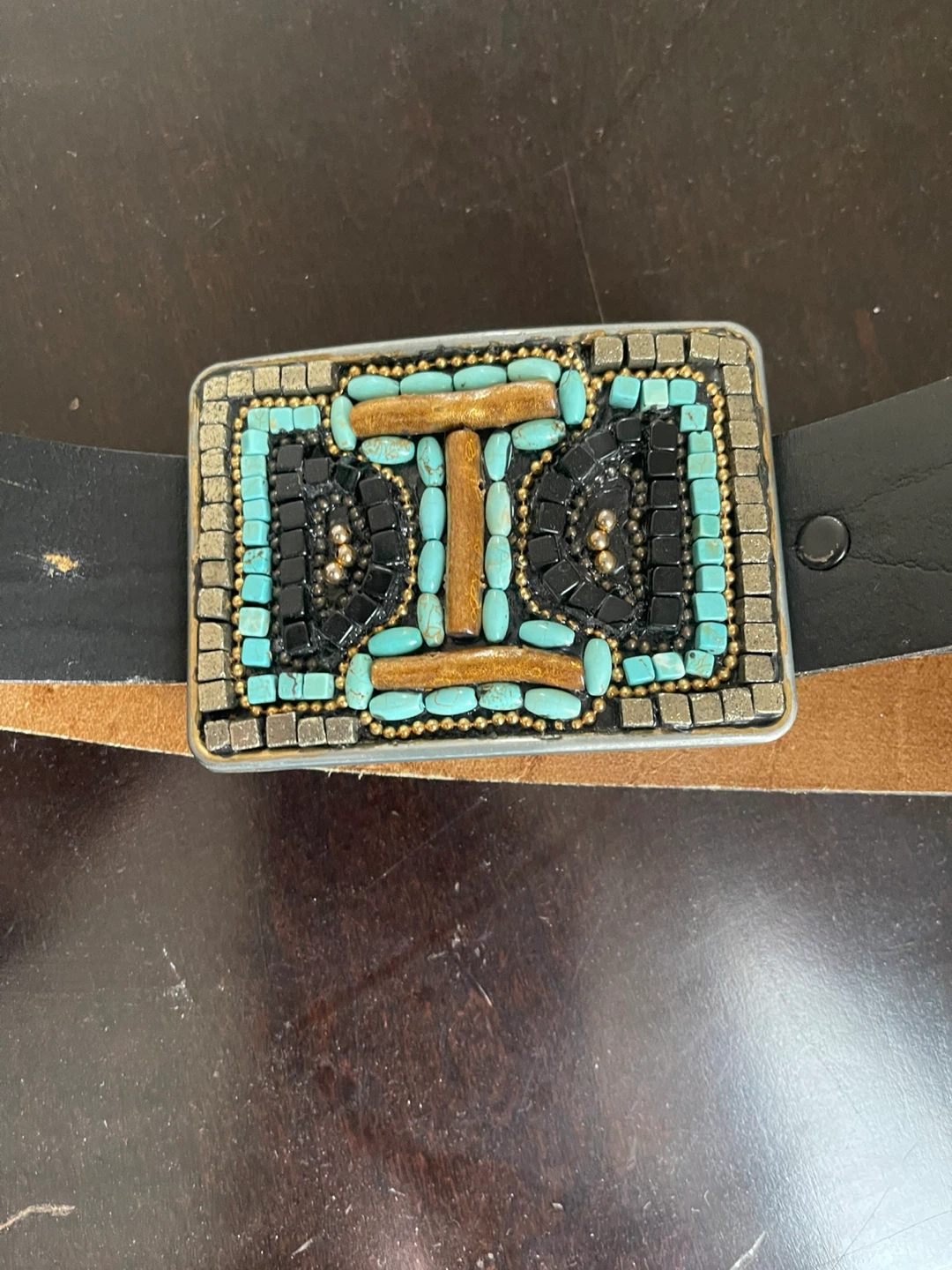 Oil Tan Leather Belt with Mosaic Buckle