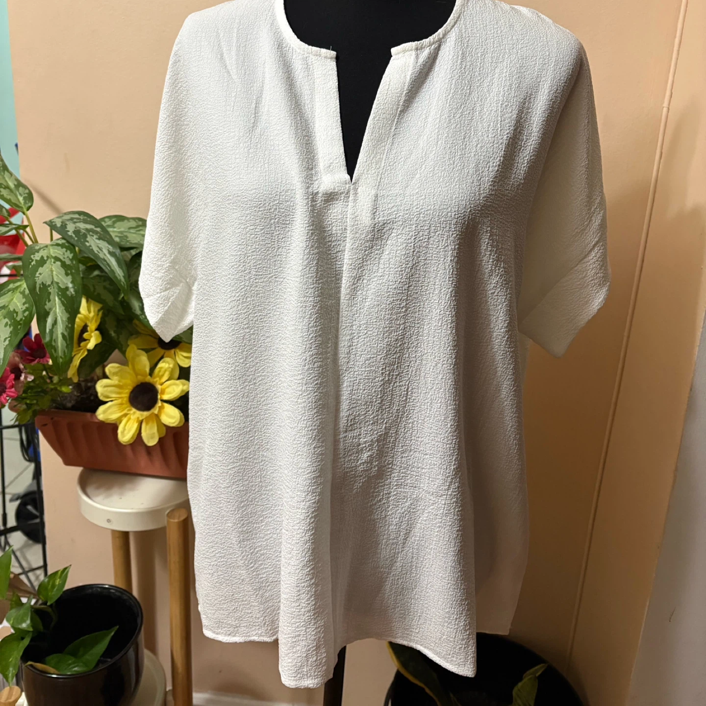 White Textured V-Neck Blouse
