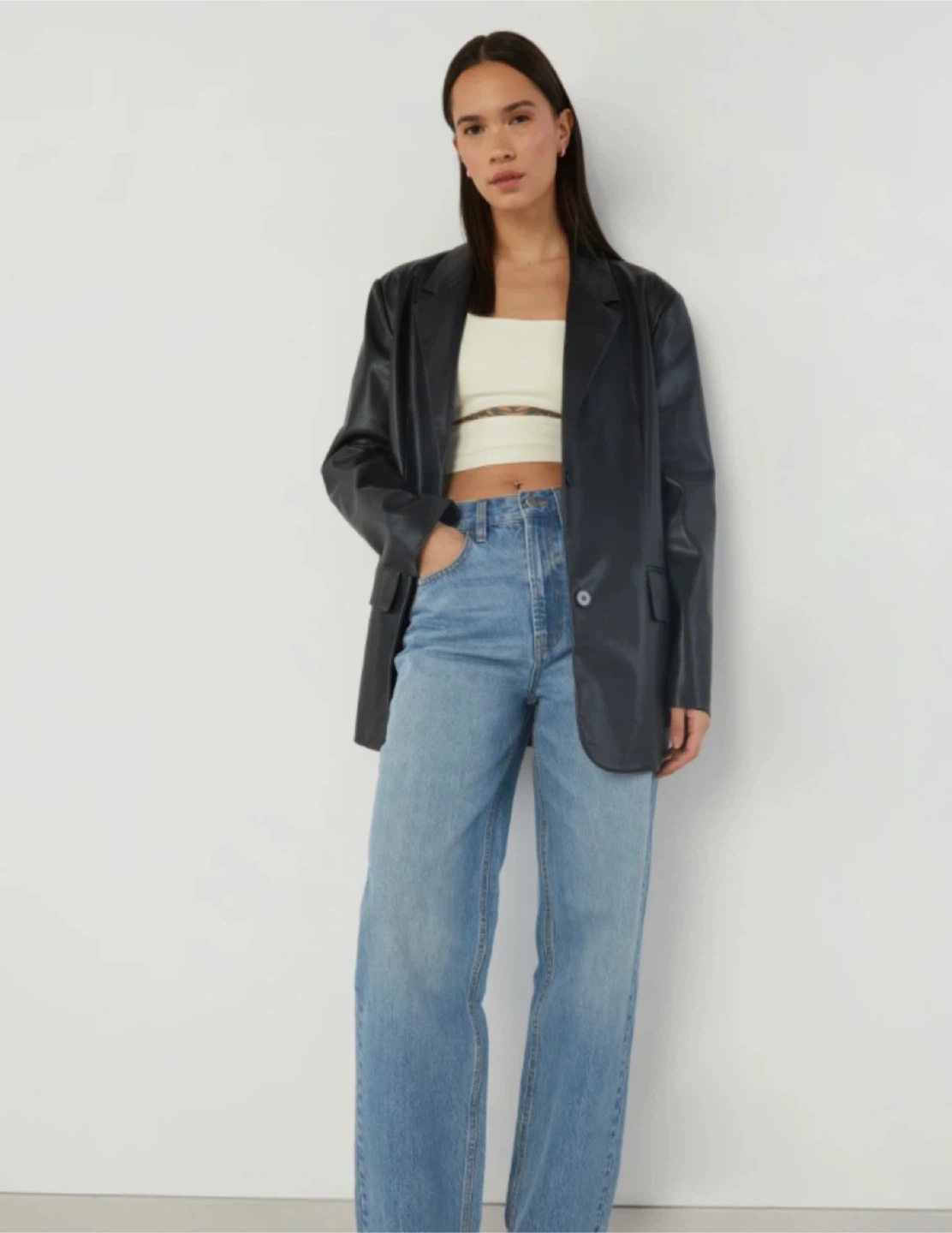 Oak + Fort Vegan Leather Blazer - Black L - photo 2