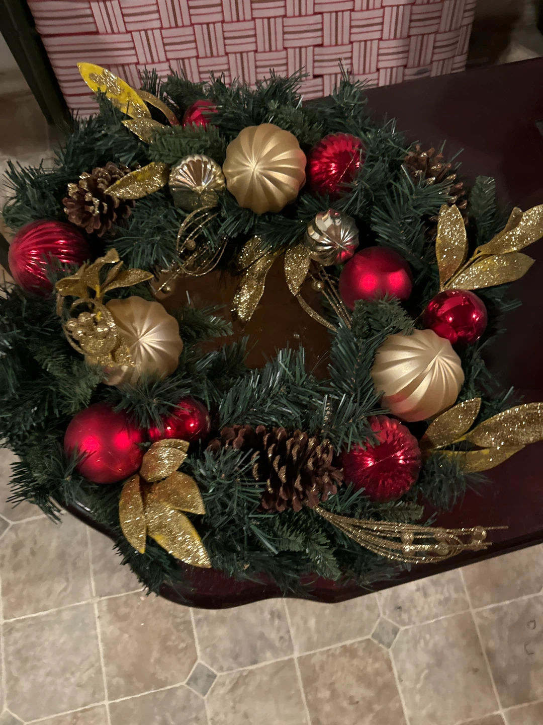 Christmas Wreath with Ornaments and Pinecones
