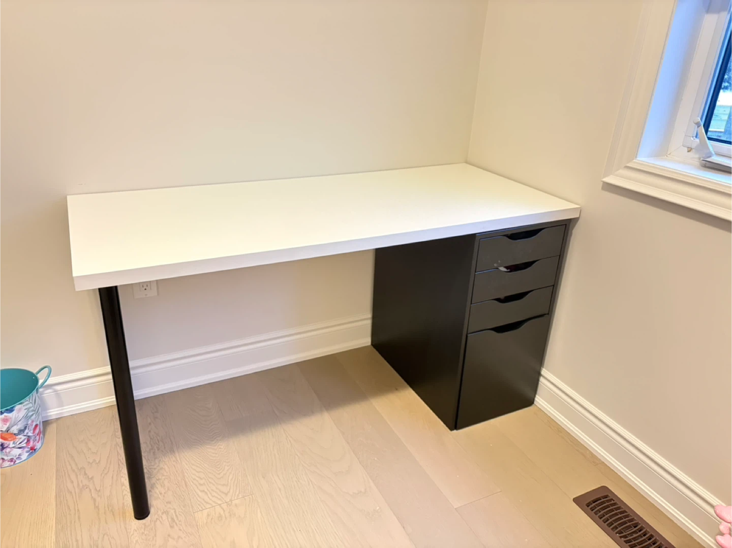 White and Black Desk with Drawer Unit