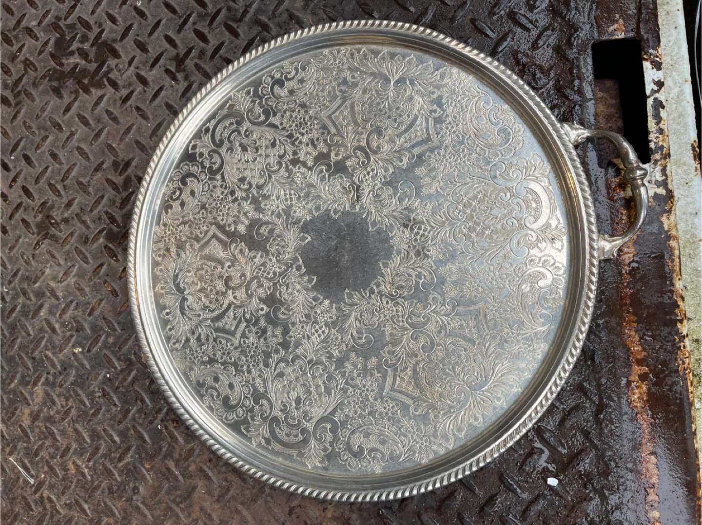 Ornate Silver Plated Serving Tray with Handles