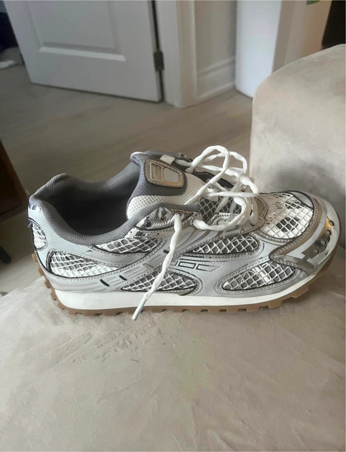 Bottega Veneta White Silver Mesh Running Shoes