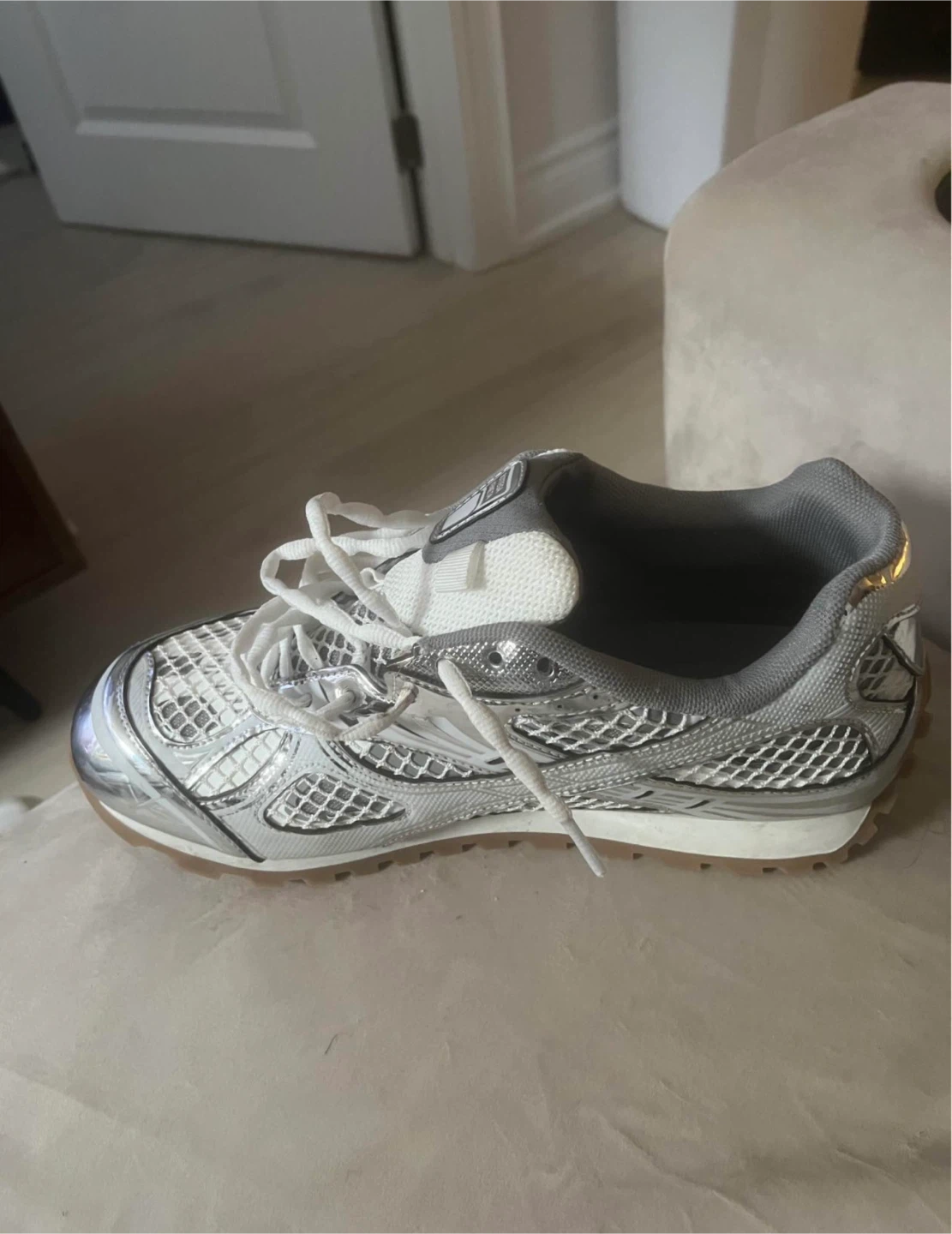 Bottega Veneta White Silver Mesh Running Shoes - photo 3
