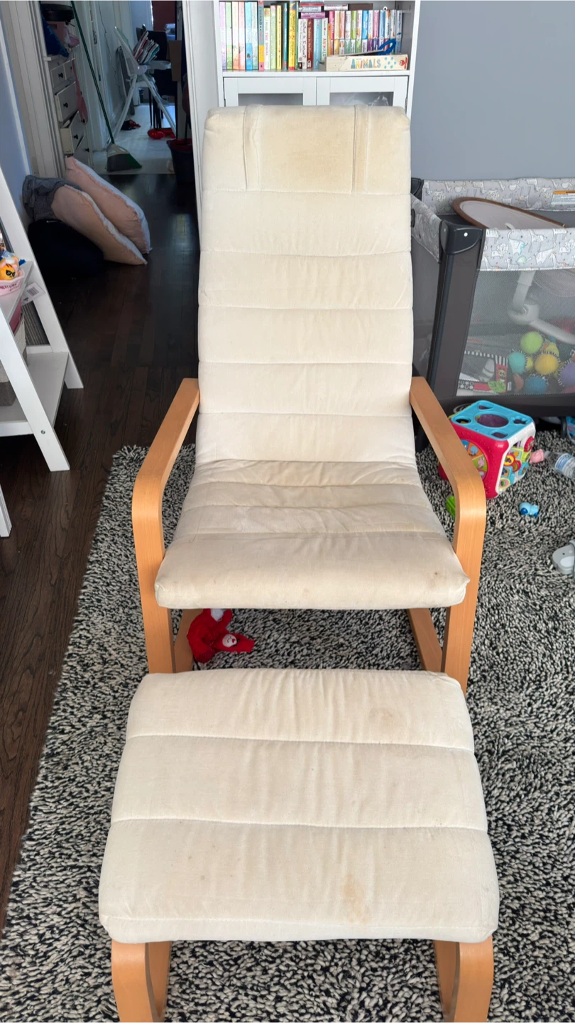 Cream Upholstered Lounge Chair with Ottoman