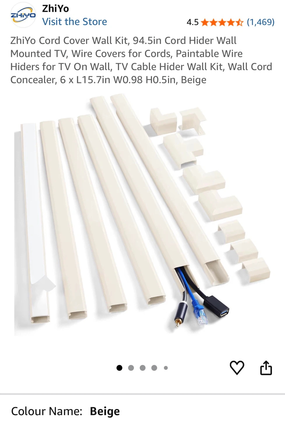 ZhiYo Wall Cord Cover Kit Beige – 94.5in Cable Concealer
