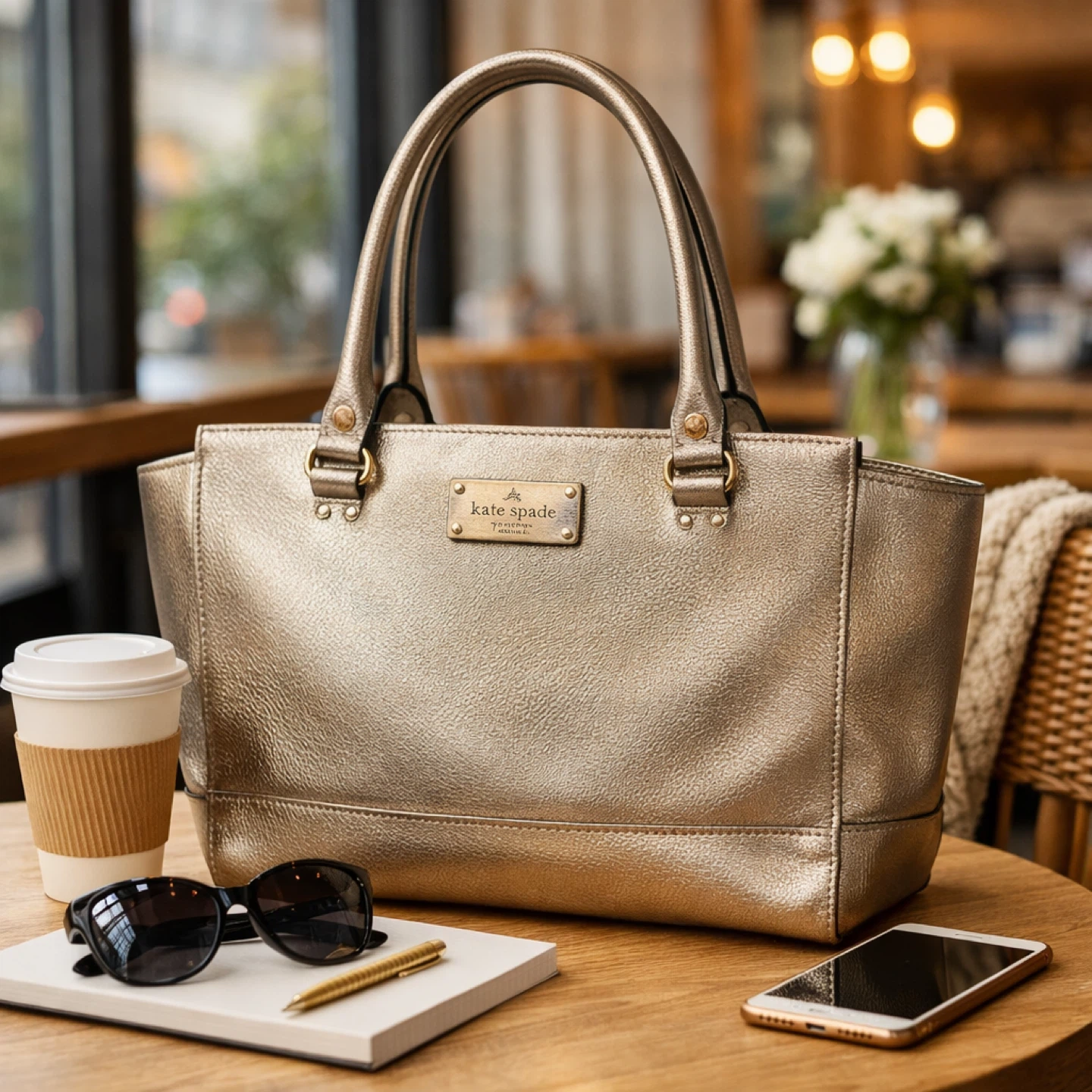 Kate Spade New York Gold Metallic Leather Tote Handbag