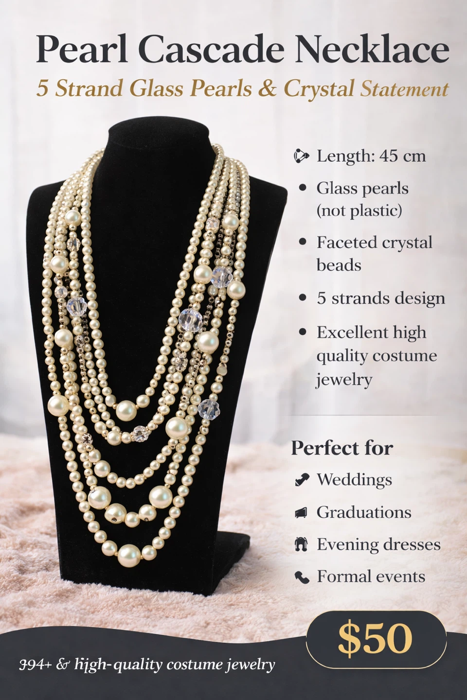 Pearl Cascade Necklace - 5 Strand Glass Pearls & Crystal
