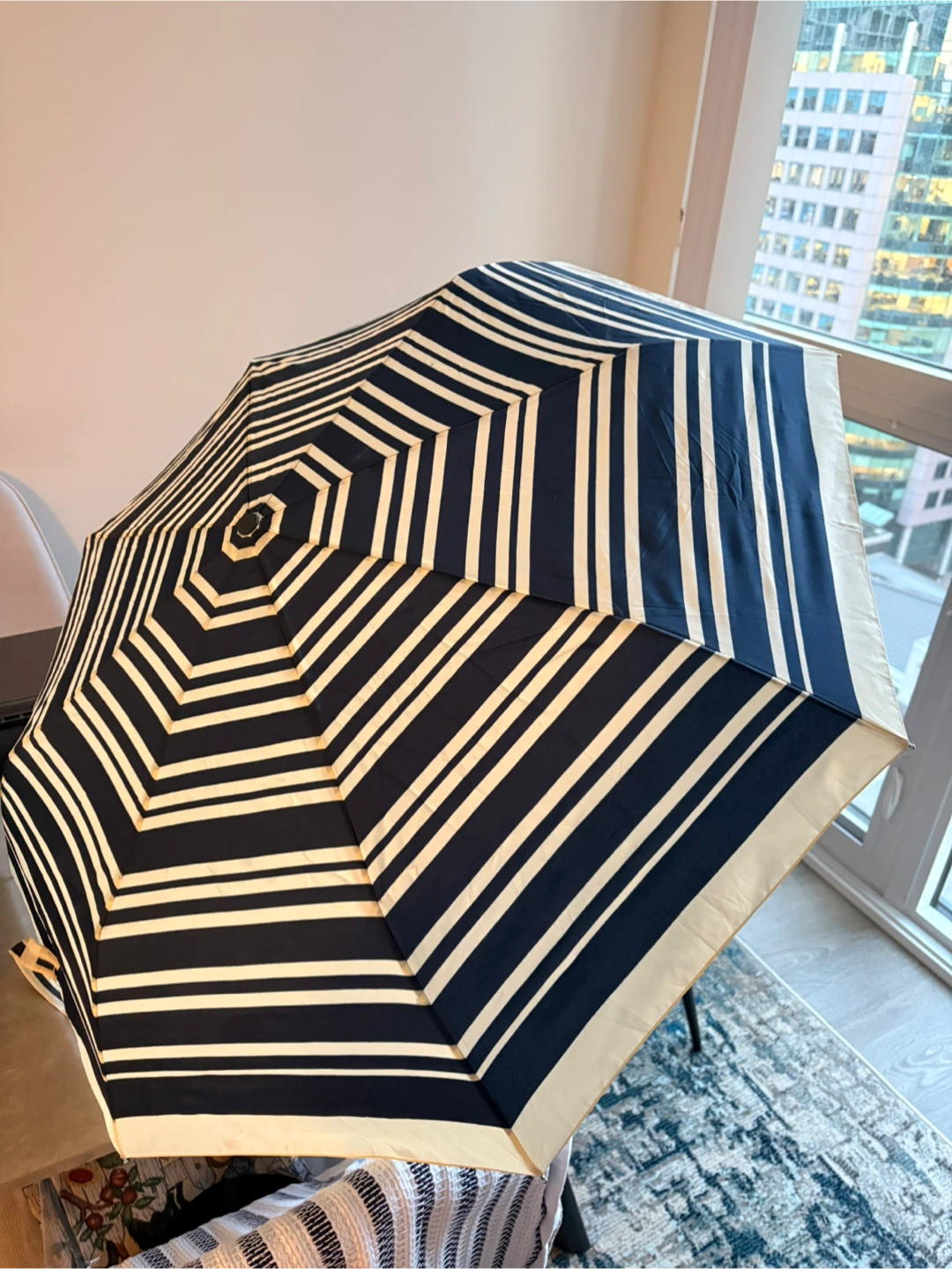 Navy & White Striped Umbrella – Easy Push Button