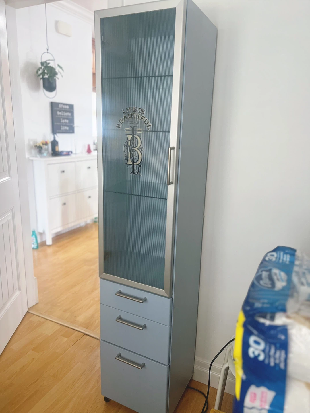 Tall Cabinet with 3 Drawers and Glass Door,delivery for a fee