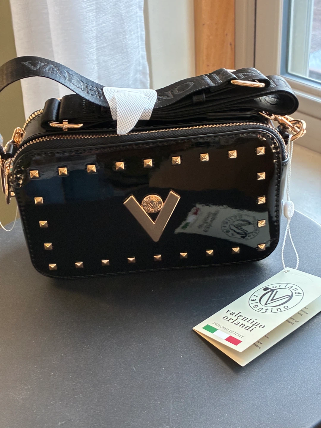 Valentino Orlandi Black Patent Studded Camera Bag