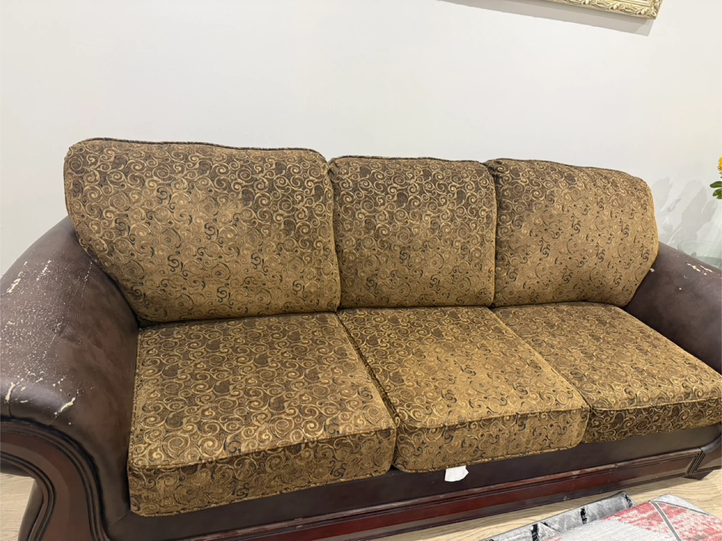 Brown Fabric Sofa Set with Wood Trim