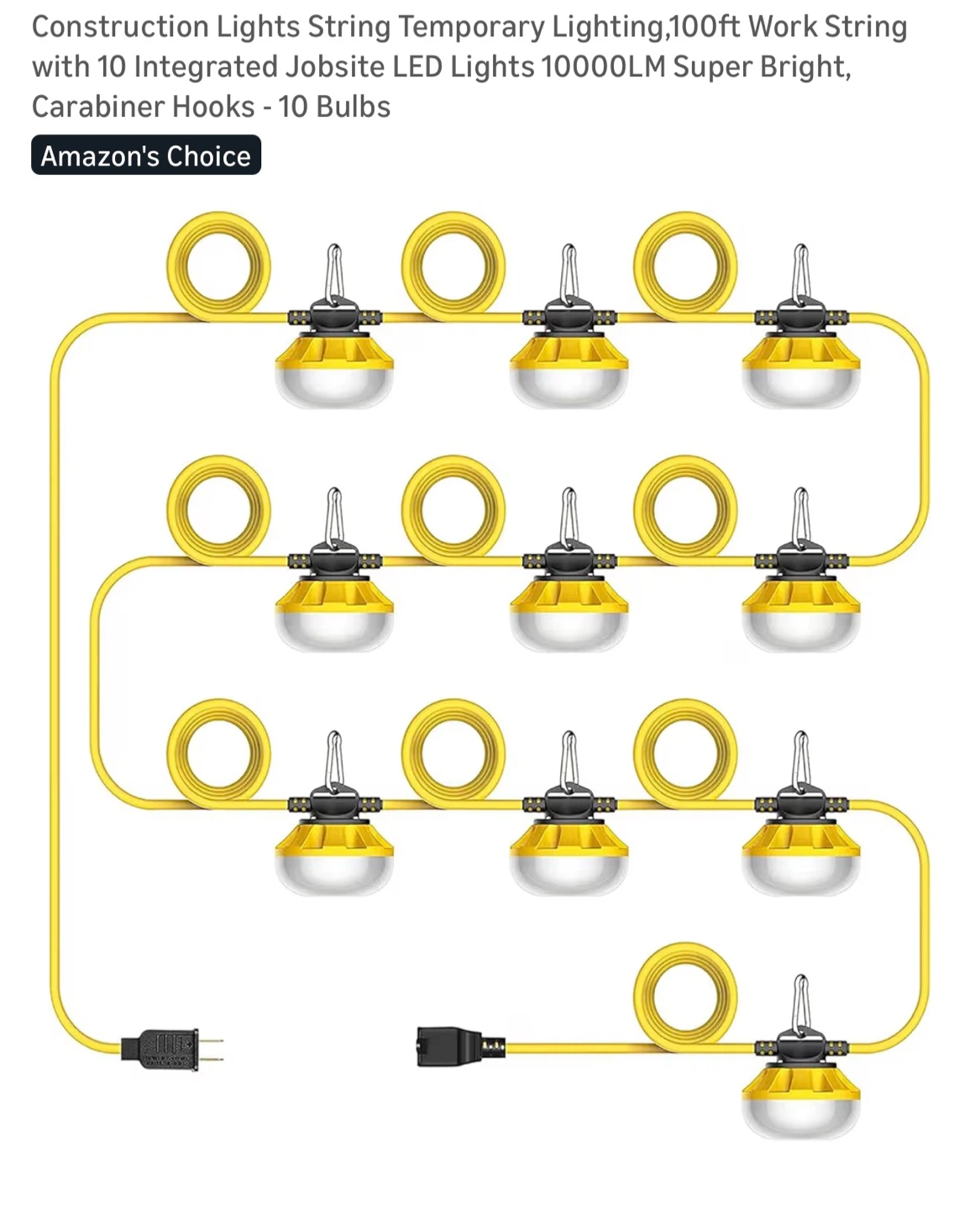 Light Your Site 100ft Work String Lights with 10 LED Bulbs