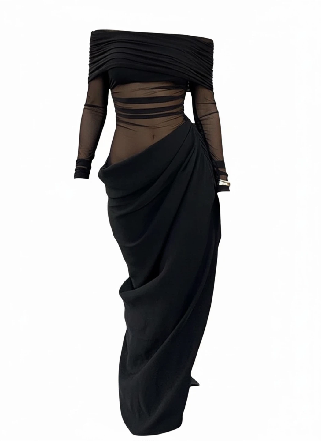 Black Off-the-Shoulder Mesh and Drape Maxi Dress