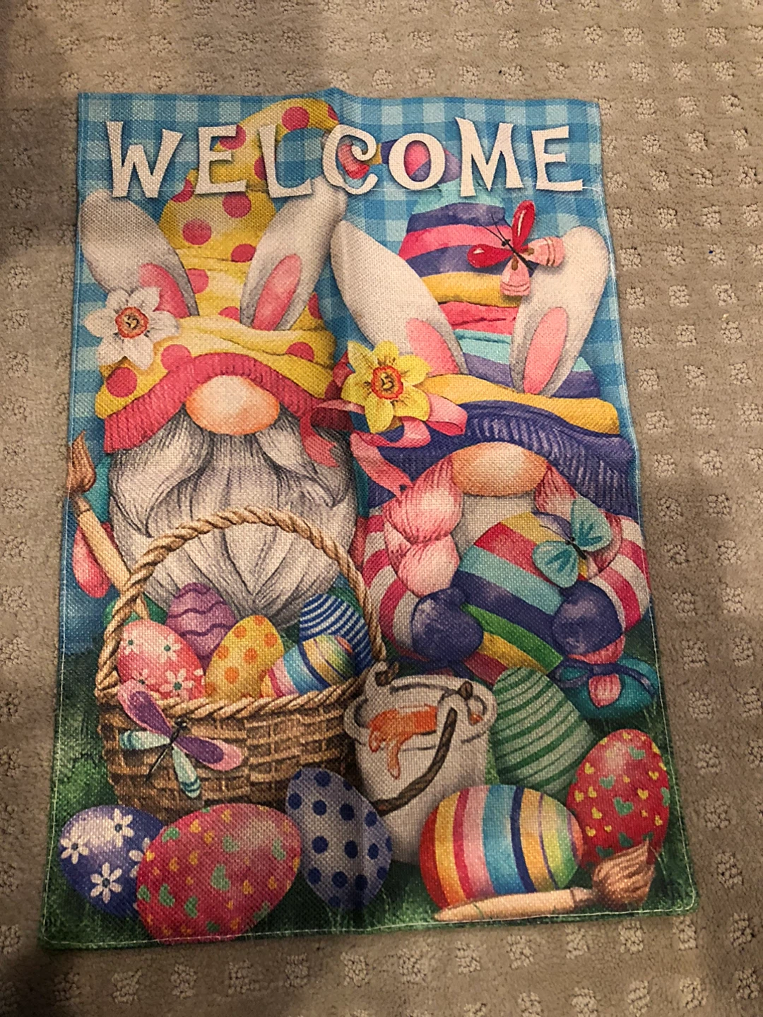 Easter Garden Flag with Gnomes and Easter Eggs