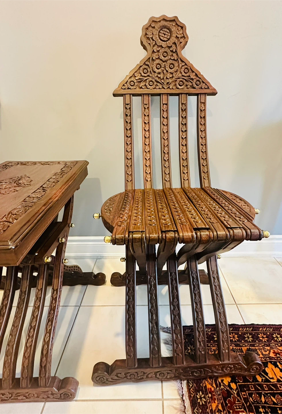 Vintage Carved Wood Folding Chairs and Side Table Set - photo 4