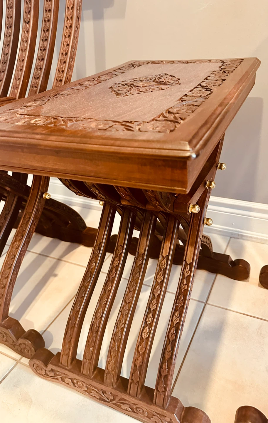 Vintage Carved Wood Folding Chairs and Side Table Set