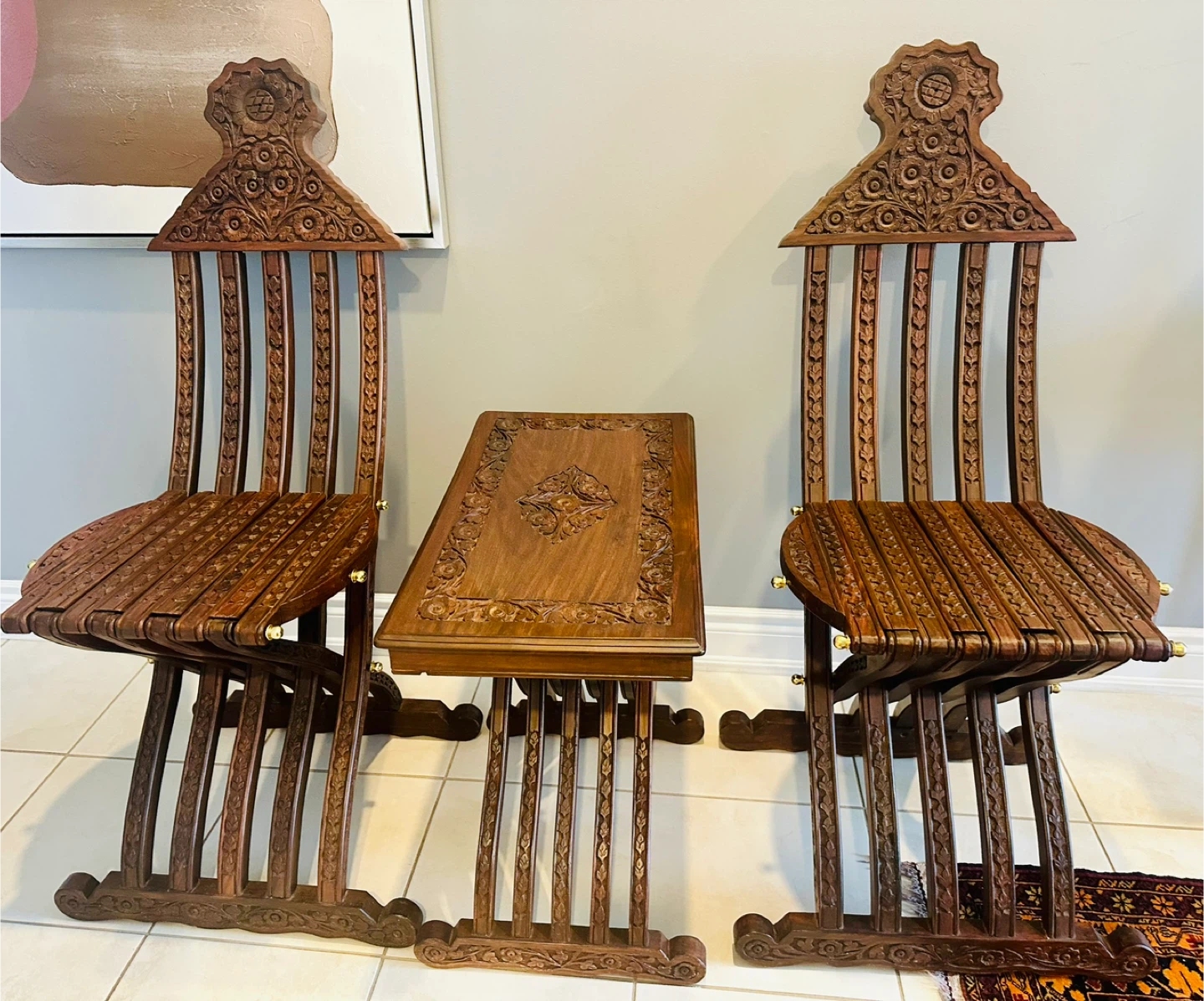 Vintage Carved Wood Folding Chairs and Side Table Set - photo 3