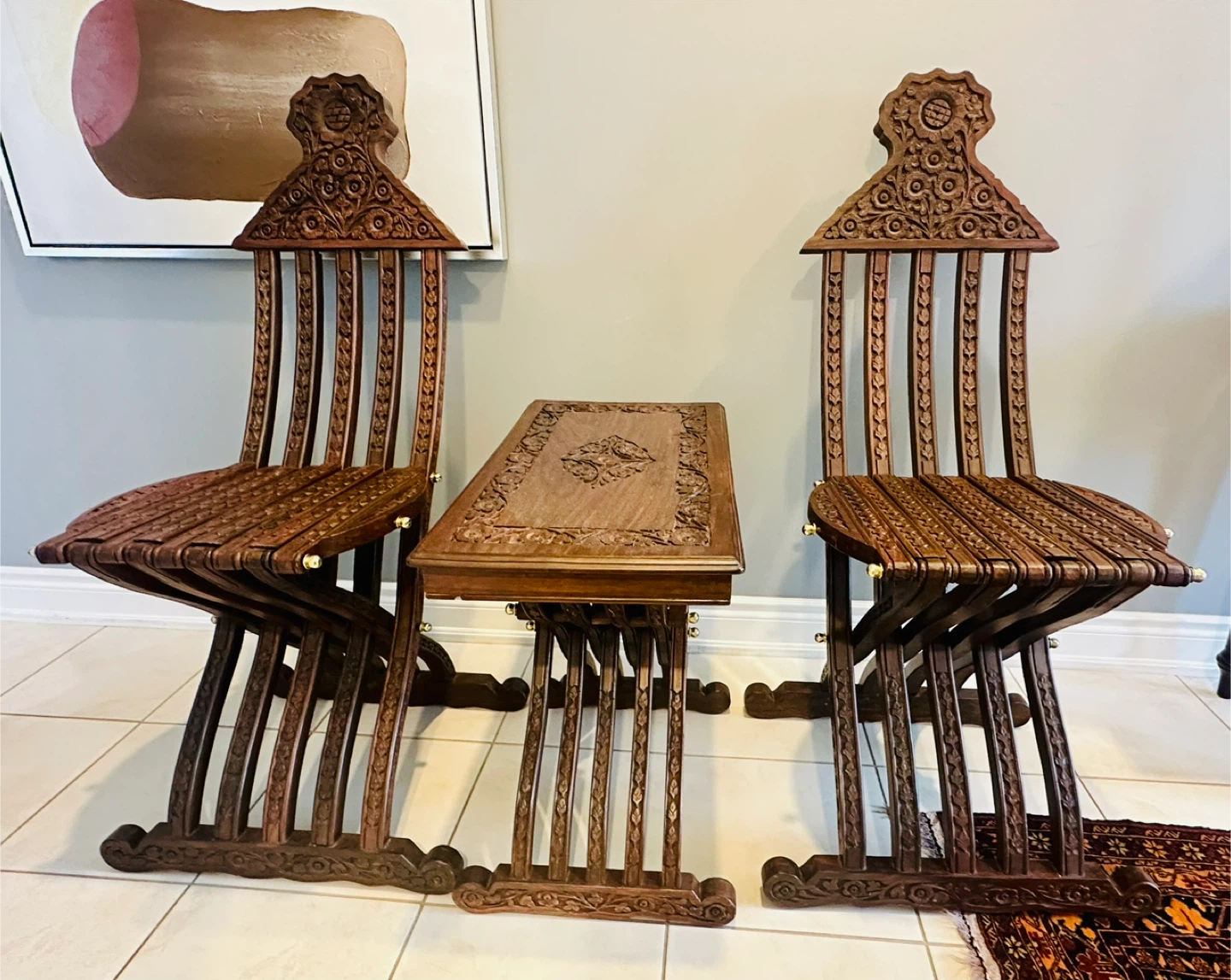 Vintage Carved Wood Folding Chairs and Side Table Set - photo 2