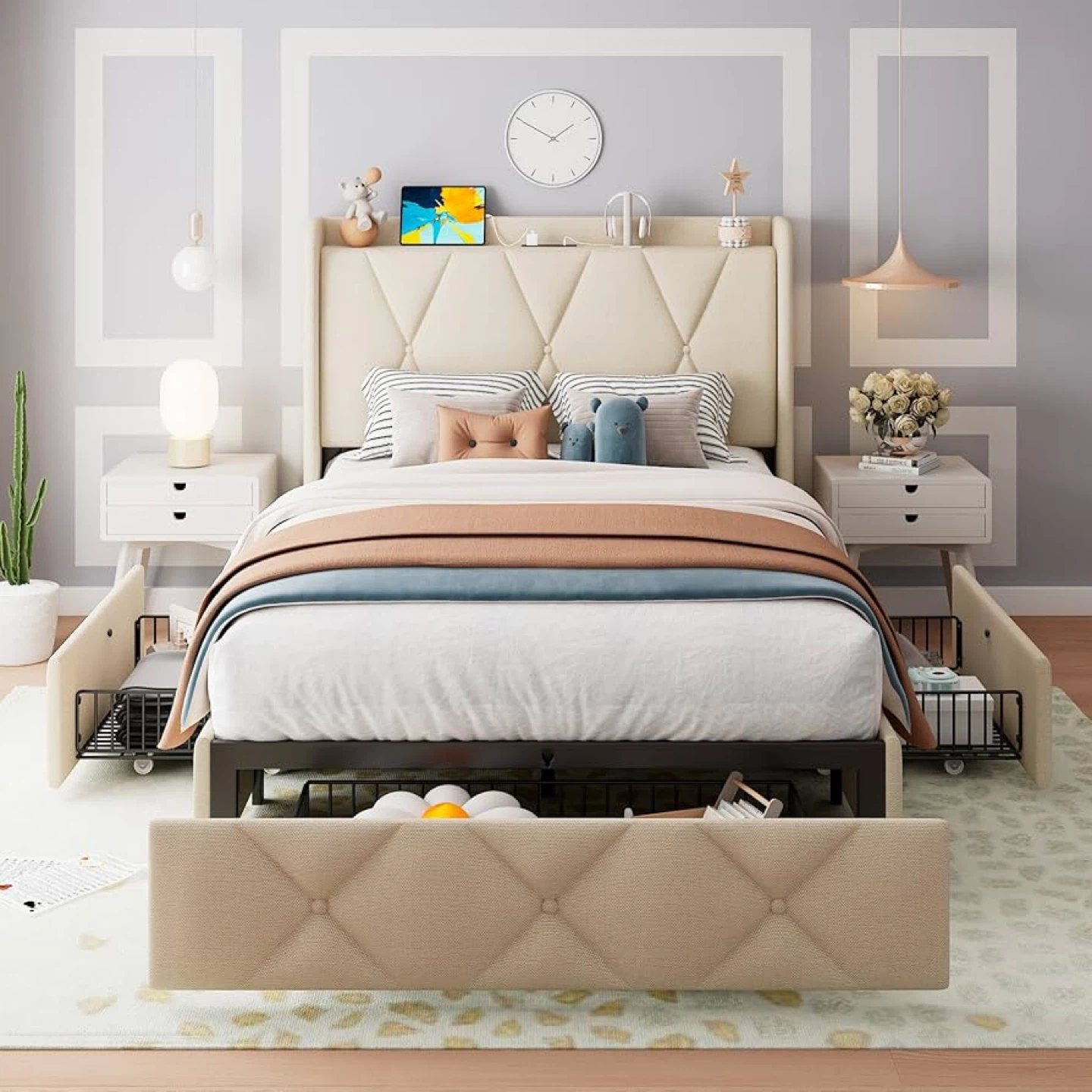 Twin Size Upholstered Beige Platform Bed with 3 Storage Drawers