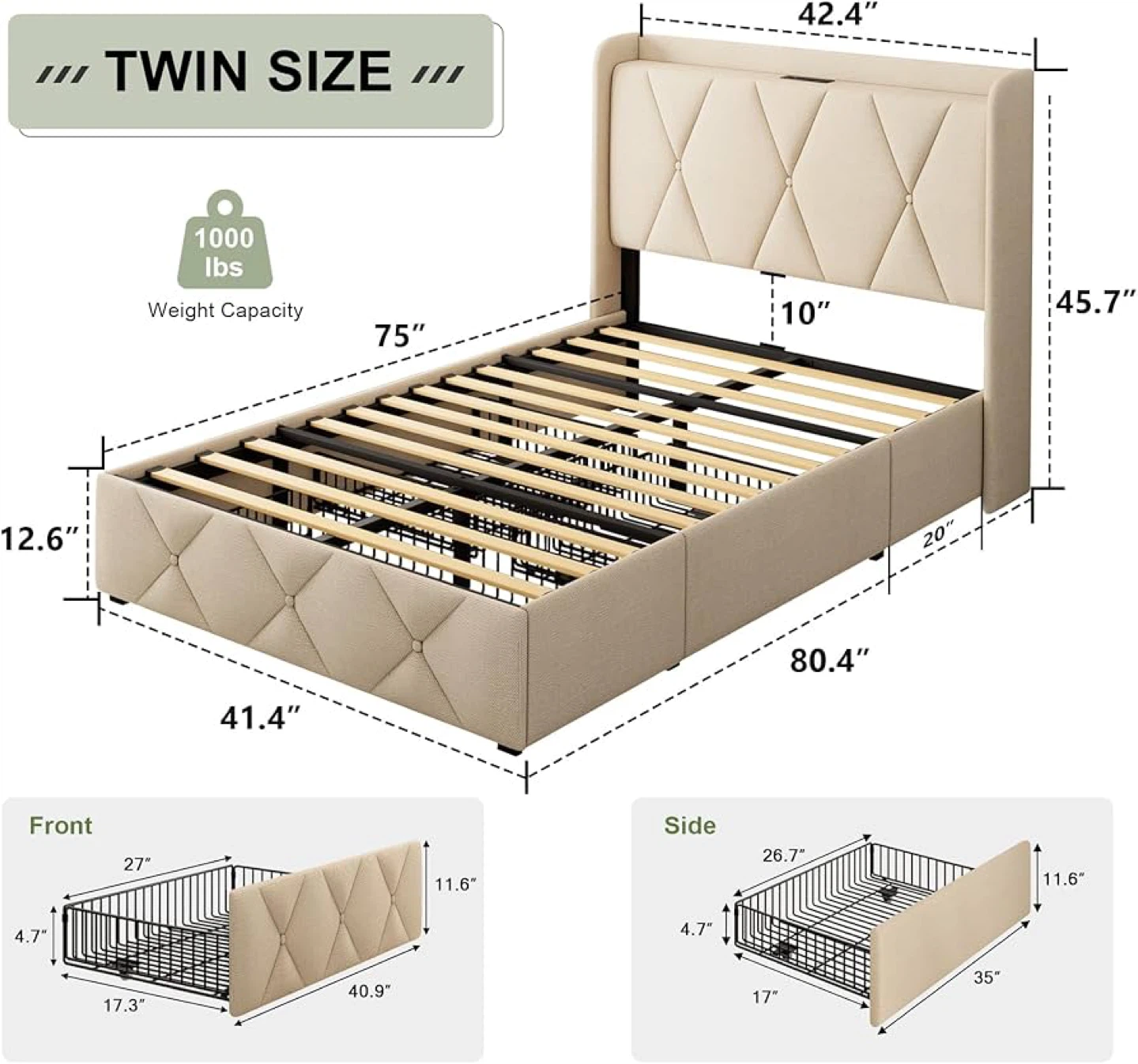 Twin Size Upholstered Beige Platform Bed with 3 Storage Drawers - photo 2
