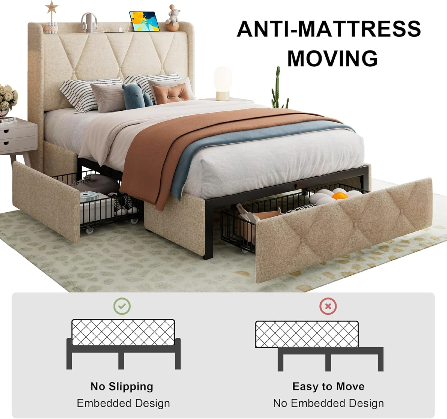 Twin Size Upholstered Beige Platform Bed with 3 Storage Drawers - photo 5