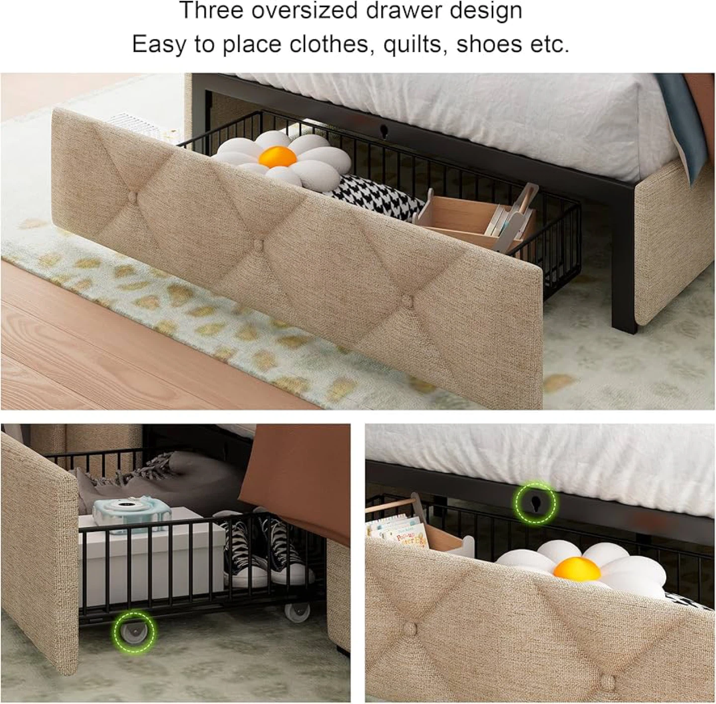 Twin Size Upholstered Beige Platform Bed with 3 Storage Drawers - photo 3