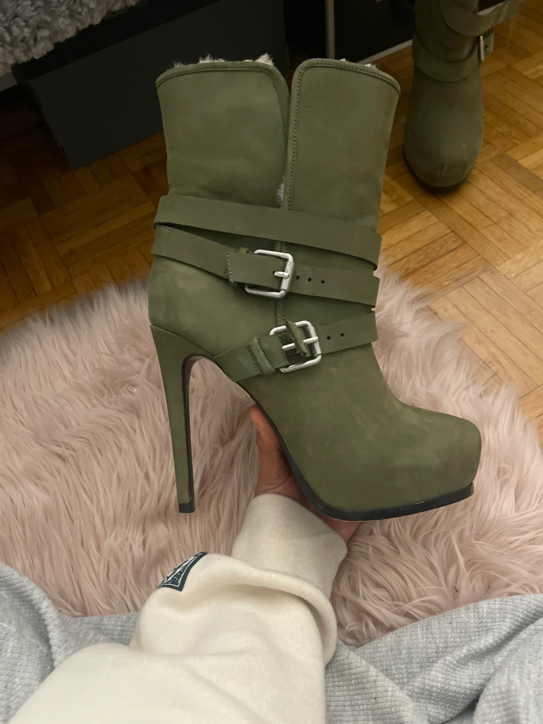 Olive Green Suede High Heel Boots with Fur Lining - photo 4