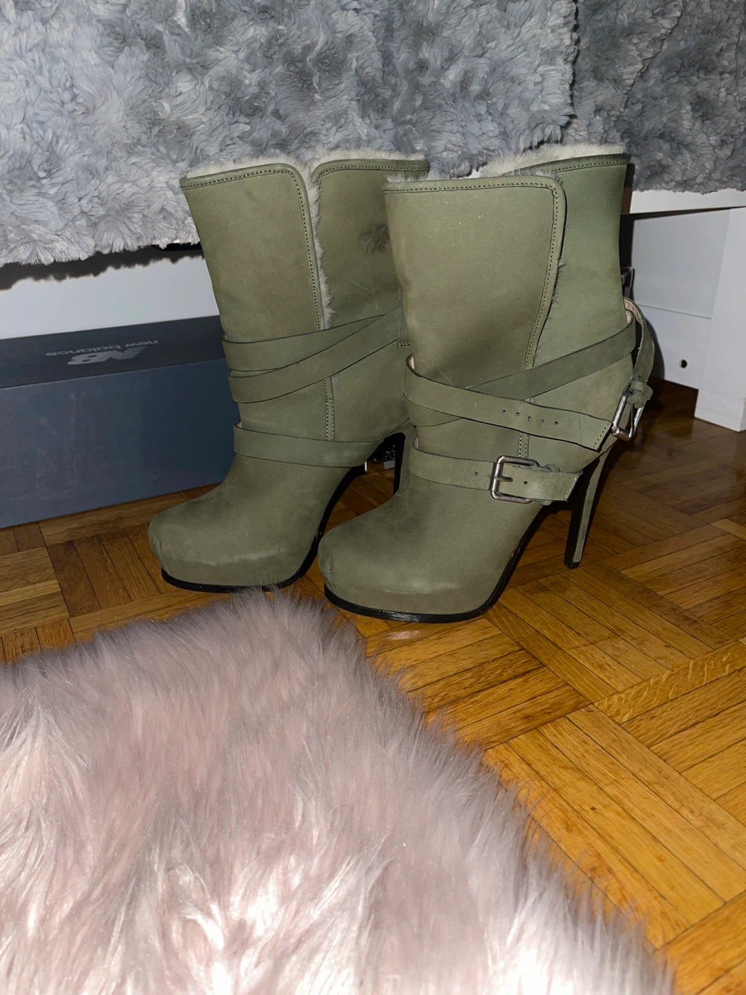 Olive Green Suede High Heel Boots with Fur Lining