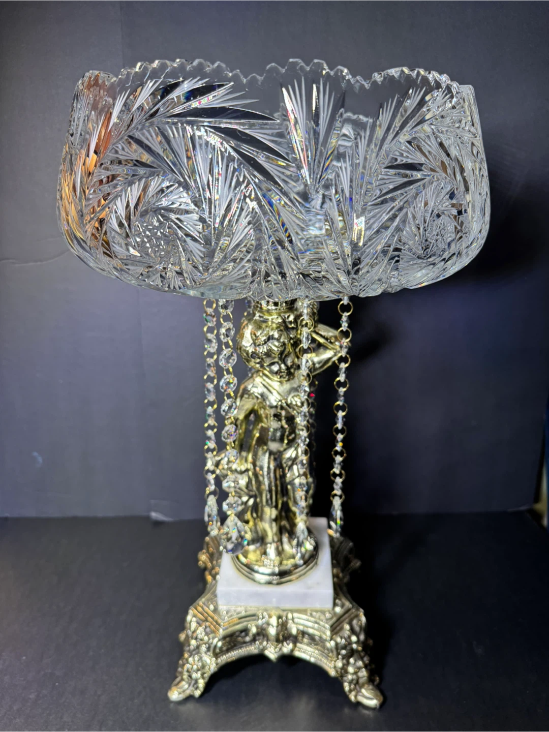 Antique Crystal Footed Candy Dish with Cherub Figurine