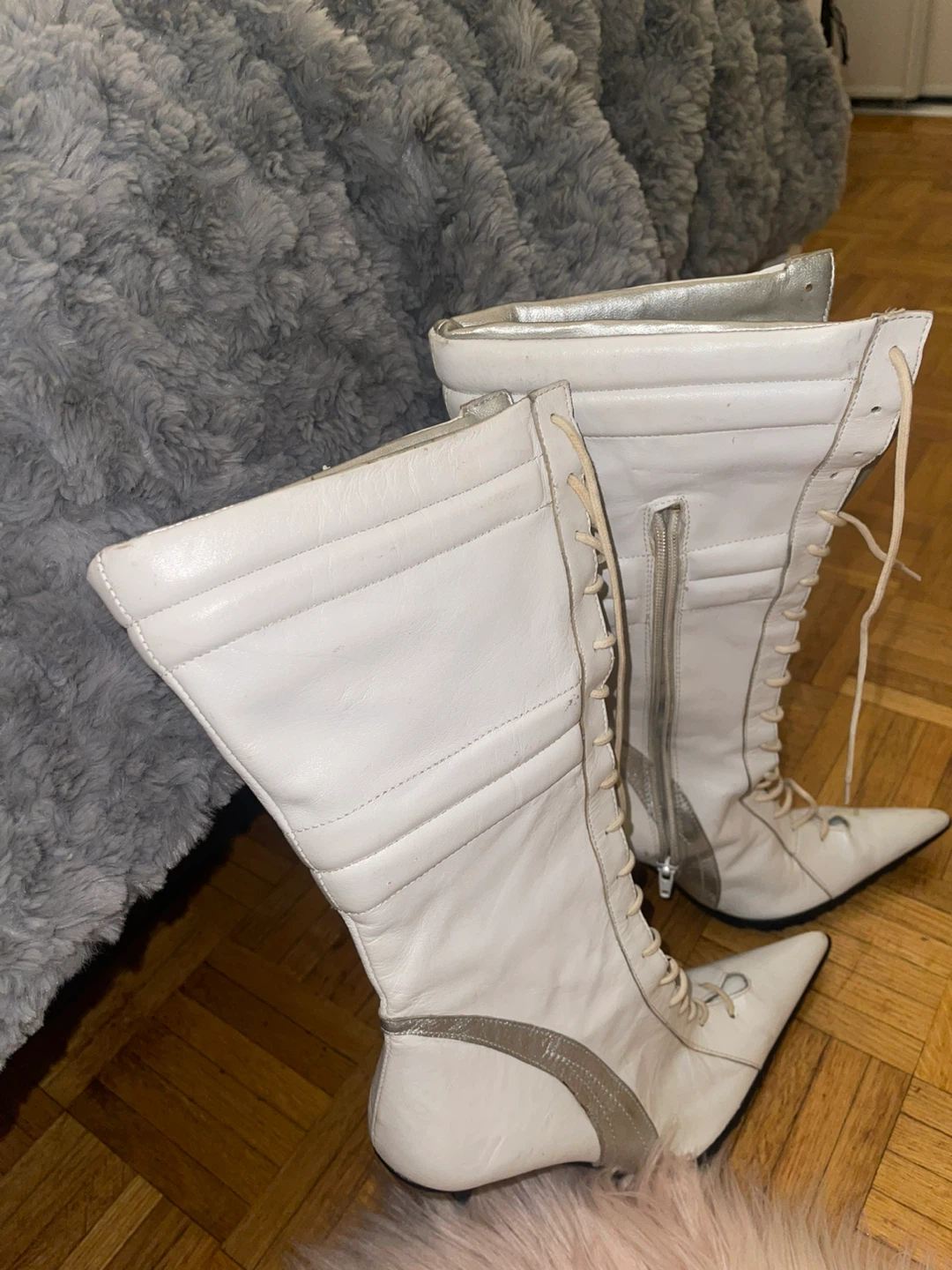 White Leather Lace-Up Stiletto Boots - photo 4