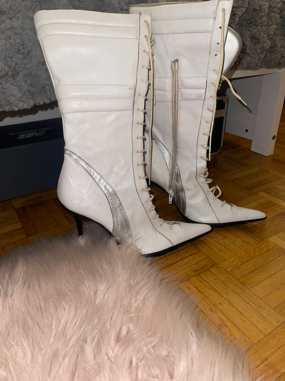 White Leather Lace-Up Stiletto Boots