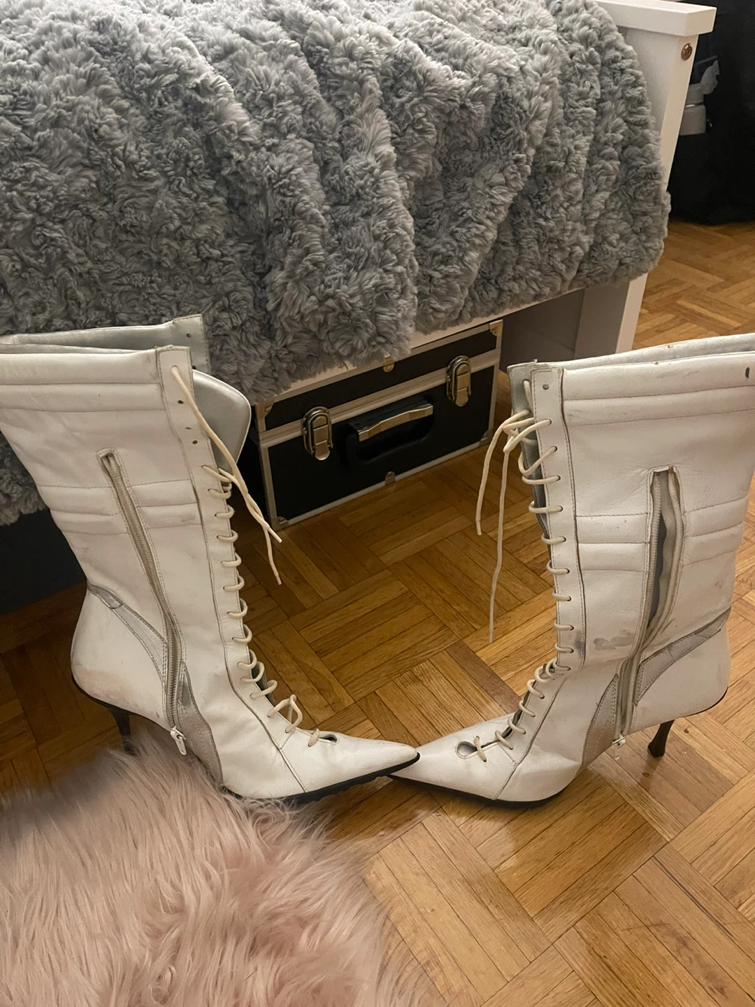 White Leather Lace-Up Stiletto Boots - photo 2