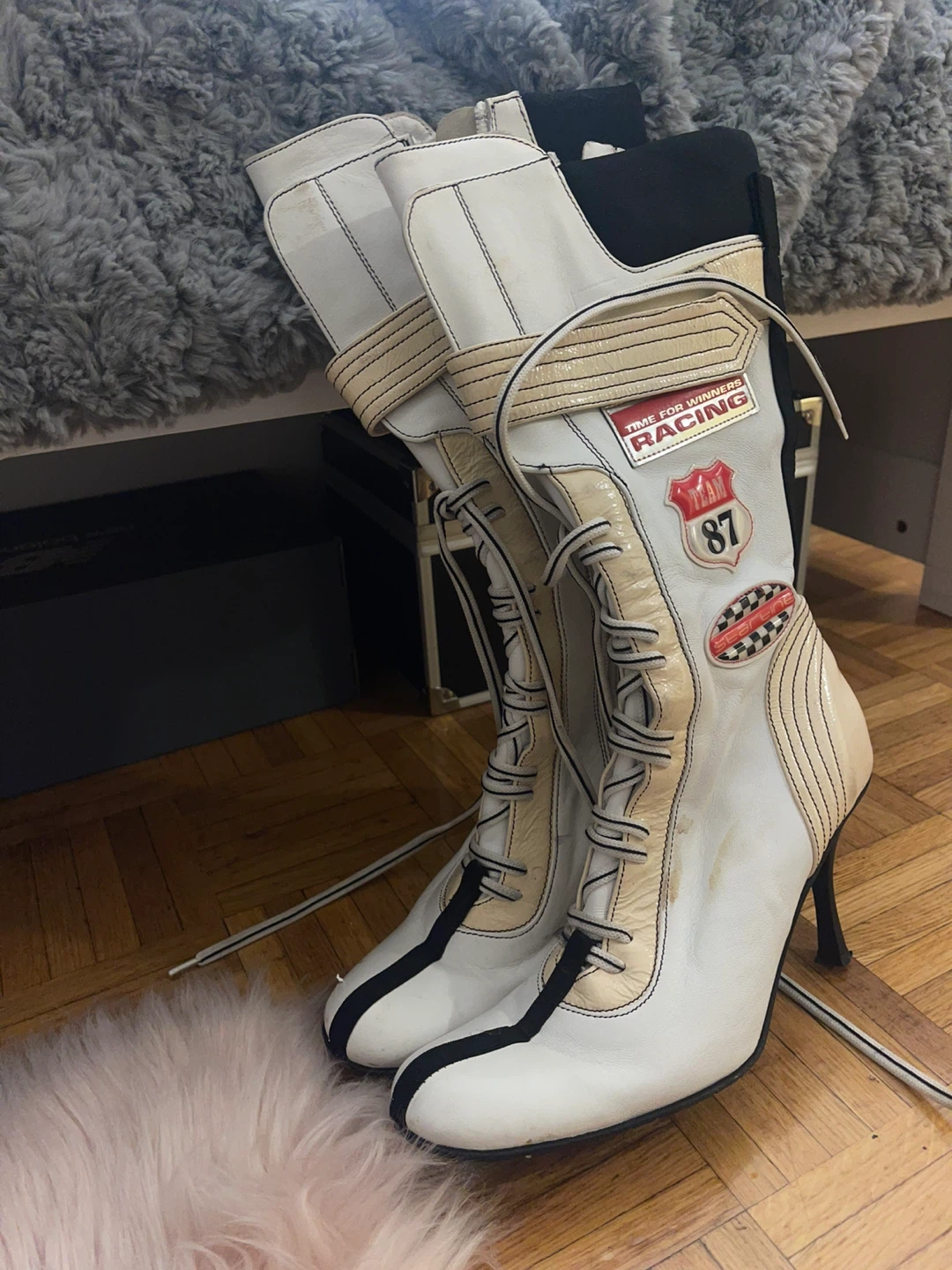 White and tan racing style heeled boots
