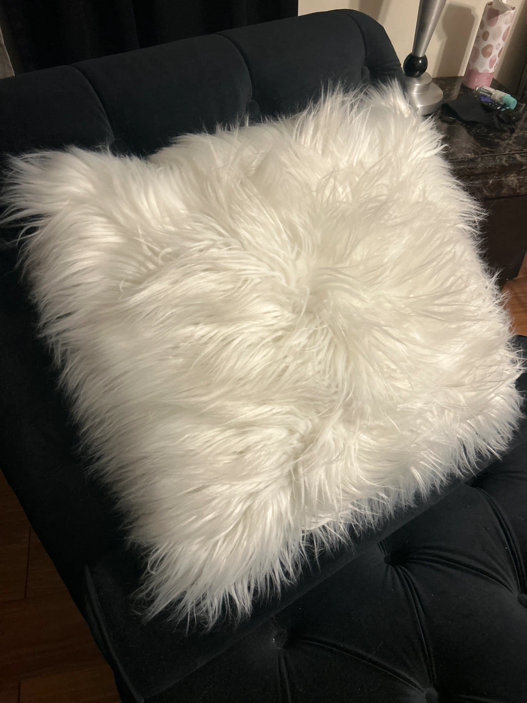 Black Tufted Chaise Lounge with White Faux Fur Pillow - photo 5