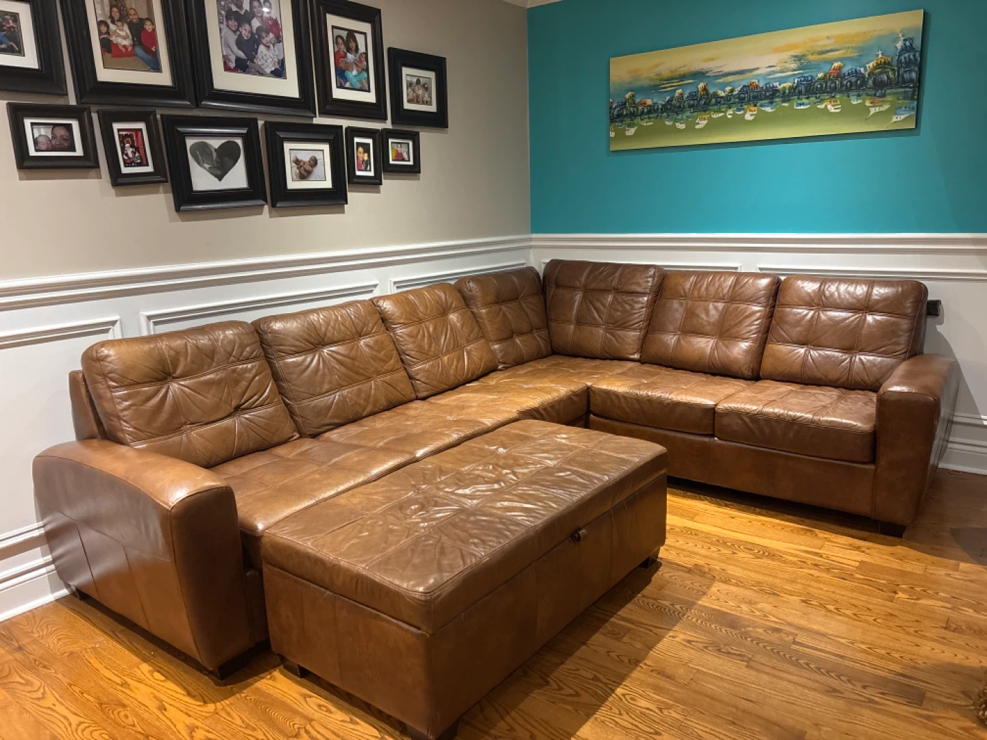 Brown Leather Sectional Sofa with Storage Ottoman