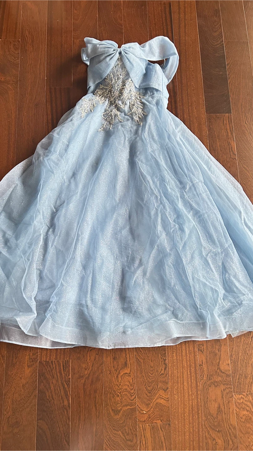 Light Blue Off-the-Shoulder Tulle Gown with Beading