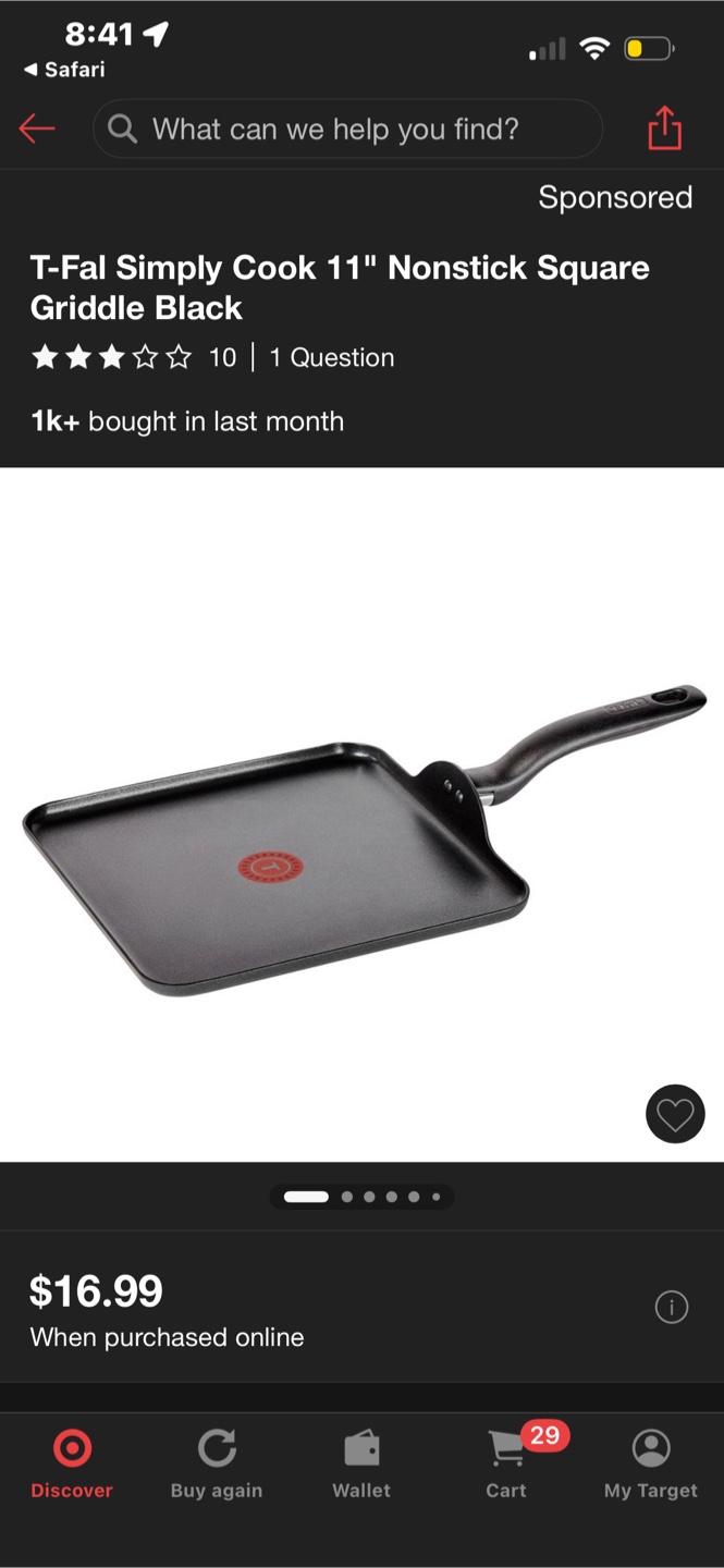 T-Fal Simply Cook 11" Nonstick Square Griddle Black