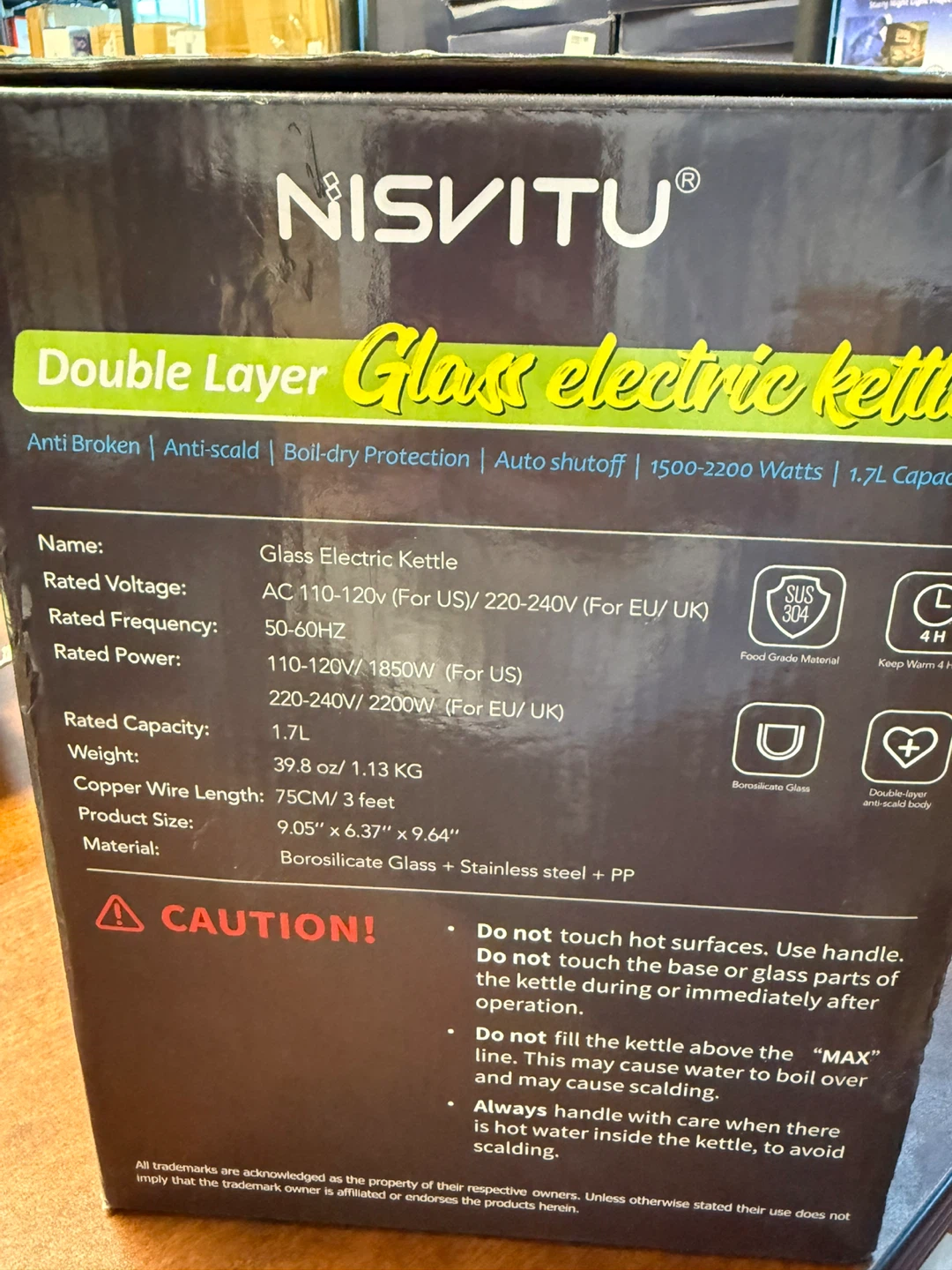 NISVITU Double Layer Glass Electric Kettle 1.7L - photo 2