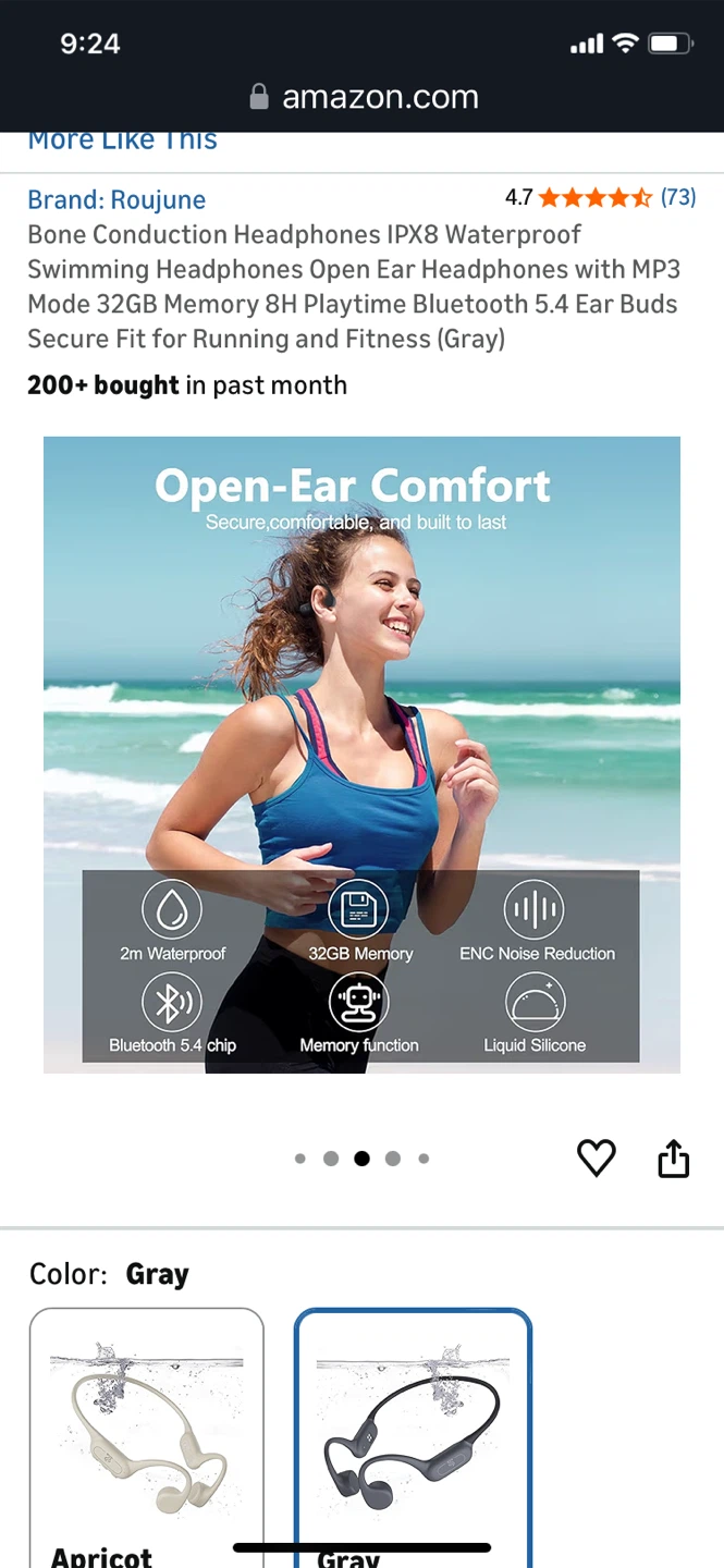 Roujune Bone Conduction Headphones Gray - photo 3