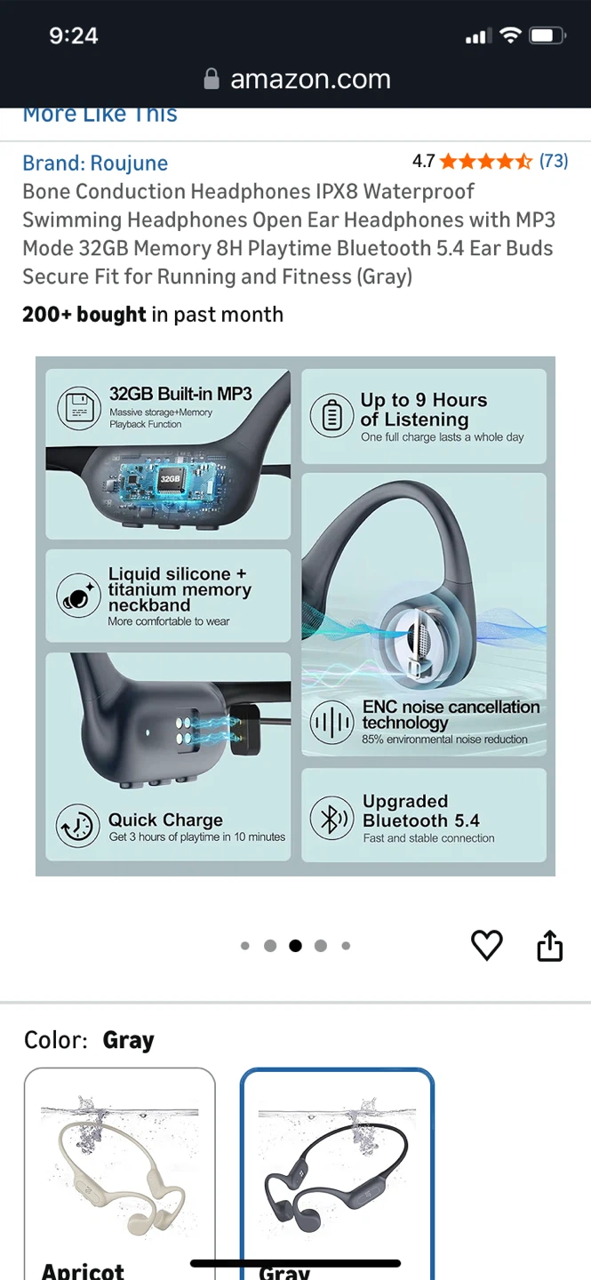 Roujune Bone Conduction Headphones Gray - photo 4