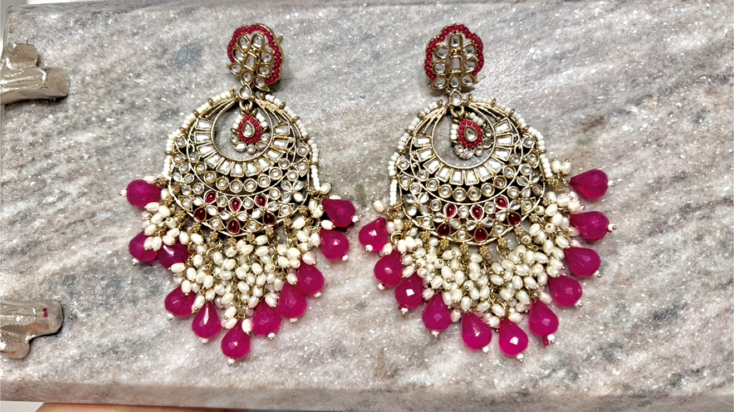 Large Gold Chandelier Earrings with Fuchsia Beads - photo 2