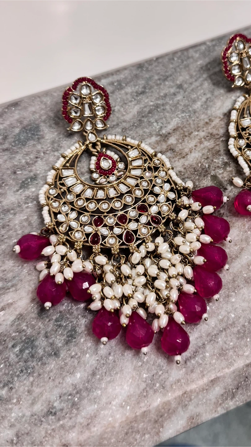 Large Gold Chandelier Earrings with Fuchsia Beads