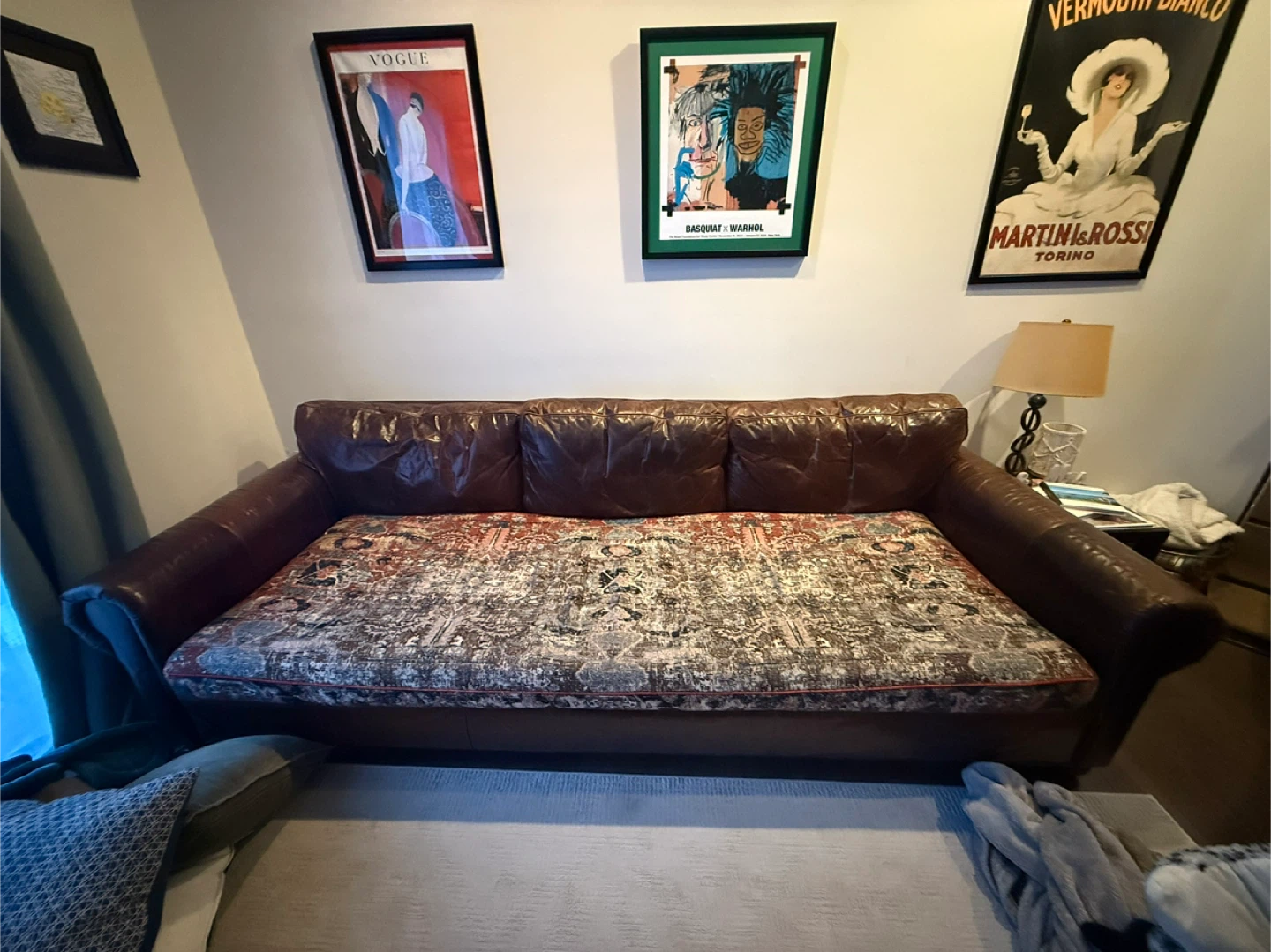 RH- Brown Leather Sofa with Decorative Cushion
